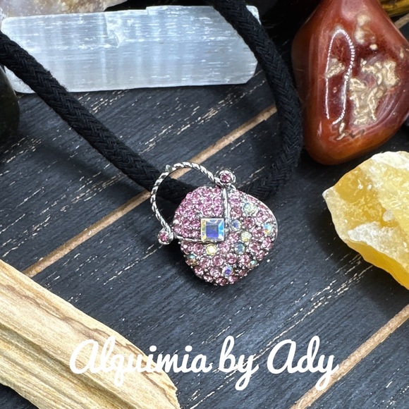 1990’s zirconia pink handbag brooch pendant necklace black cord - Picture 2 of 3